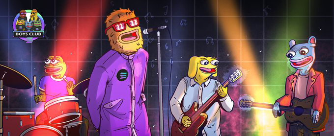 Boys Club performing together in a colourful rock band