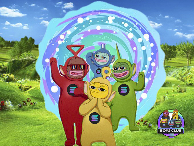 Boys Club characters dressed as Teletubbies in a colourful portal