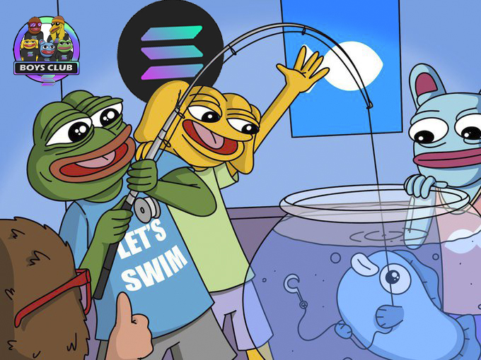 Boys Club characters fishing in an indoor fishbowl